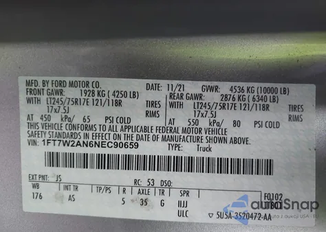 2022 Ford F-250 Xl from USA, damaged, VIN 1FT7W2AN6NEC90659